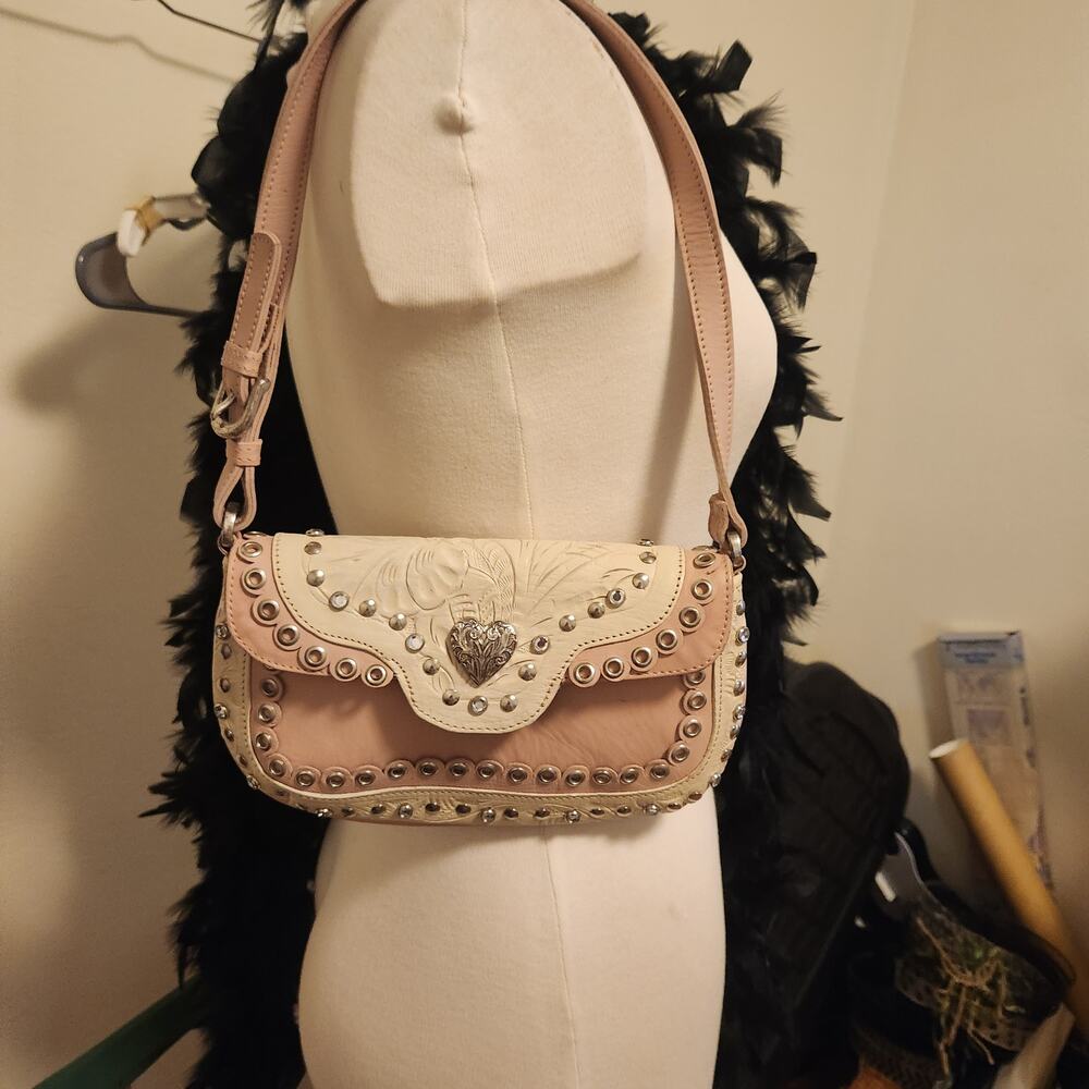 American West Pink Shoulder Purse Leather Tooled Heavy metal hardware